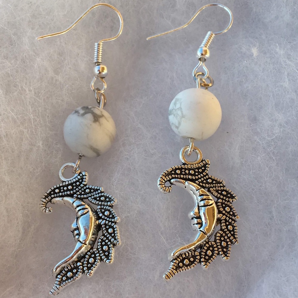 White Howlite Crescent Moon Dangle Earrings